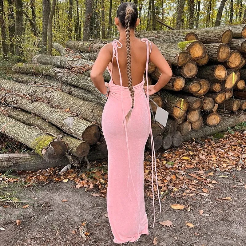 #PB Elegant Backless Draped Maxi Dress