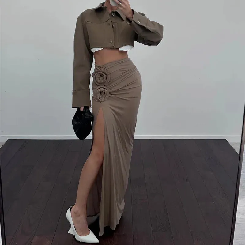 #PB Elegant Ruched Split Maxi Skirt