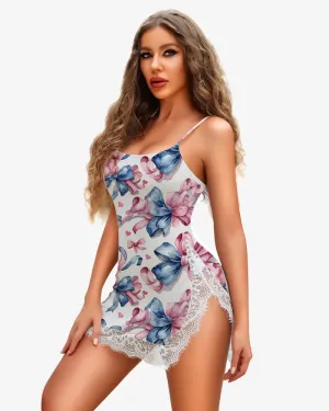 Pink Blue Bow Strap Lace Side Slit Dress
