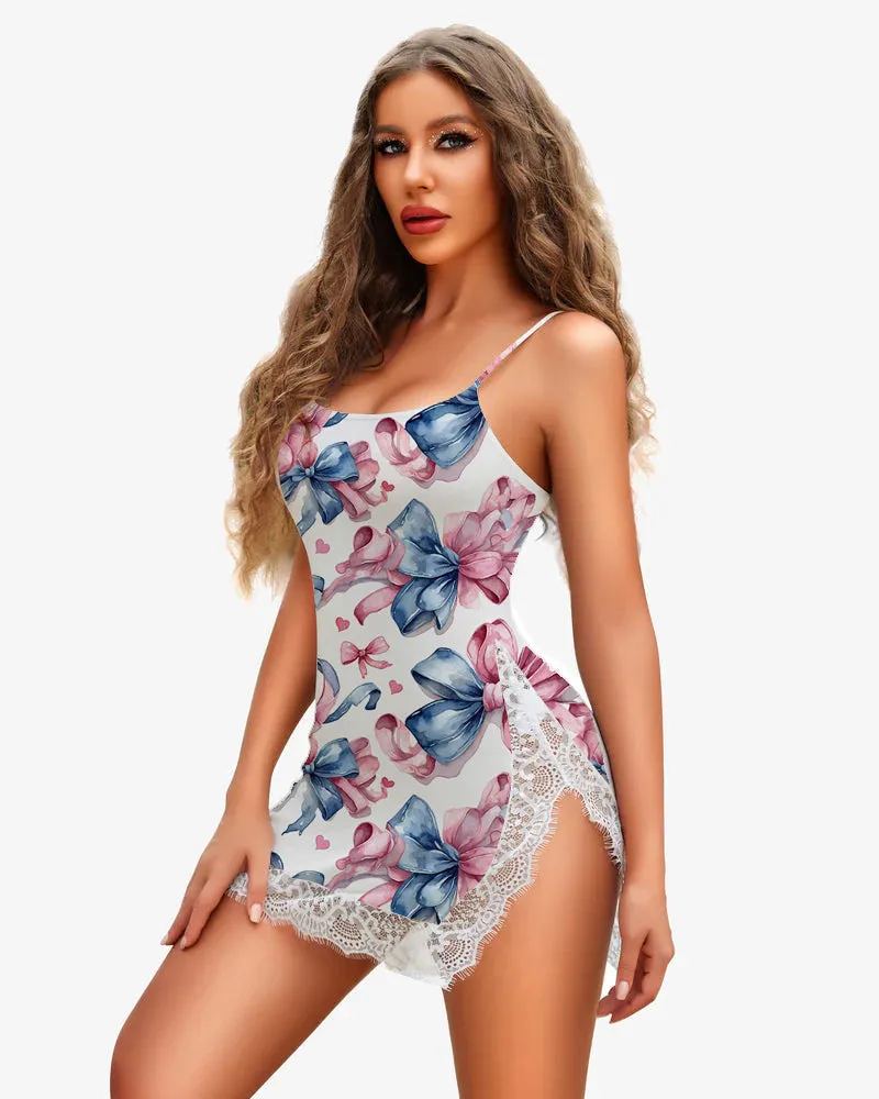 Pink Blue Bow Strap Lace Side Slit Dress