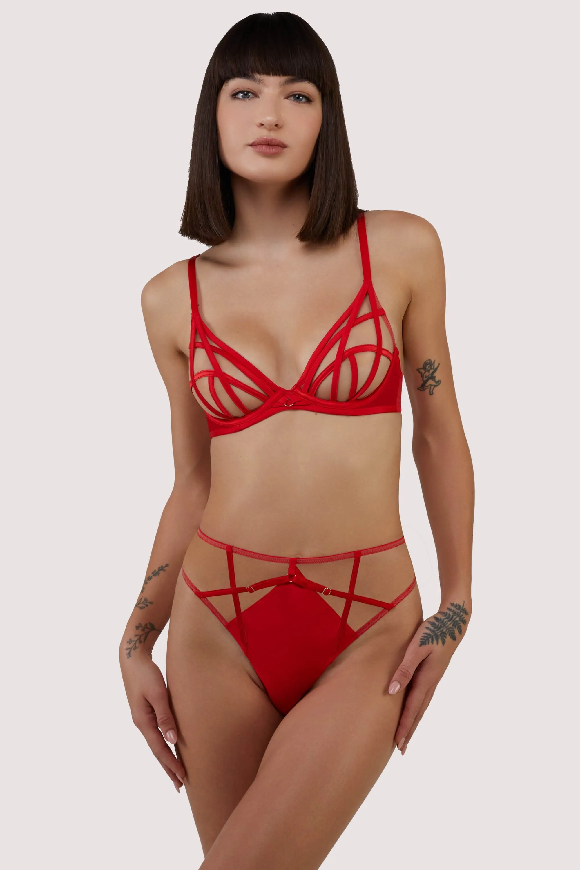 Ramona red Strap Detail Illusion Mesh High Waisted Thong
