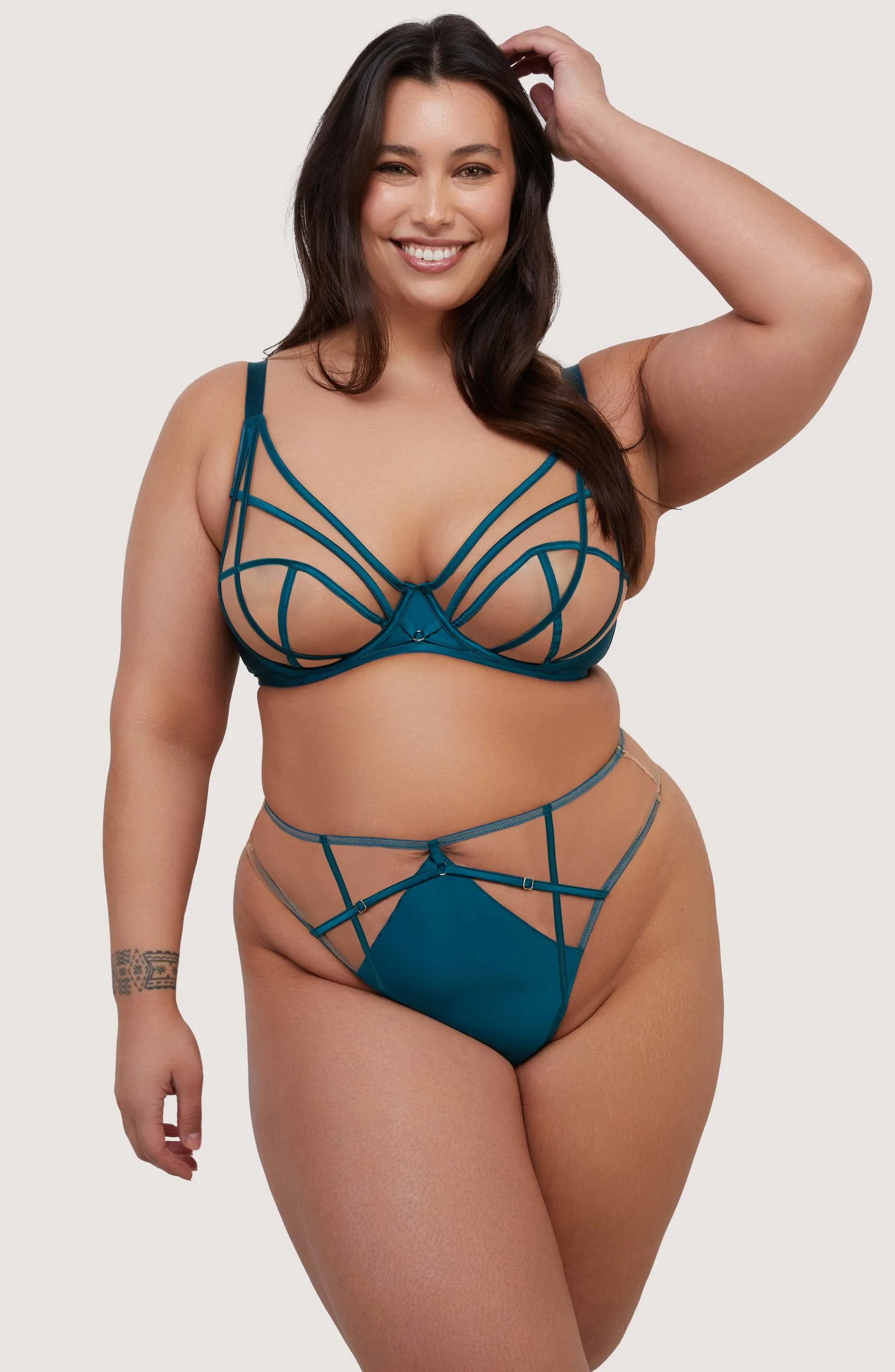 Ramona Teal Strap Detail Illusion Mesh High Waisted Thong