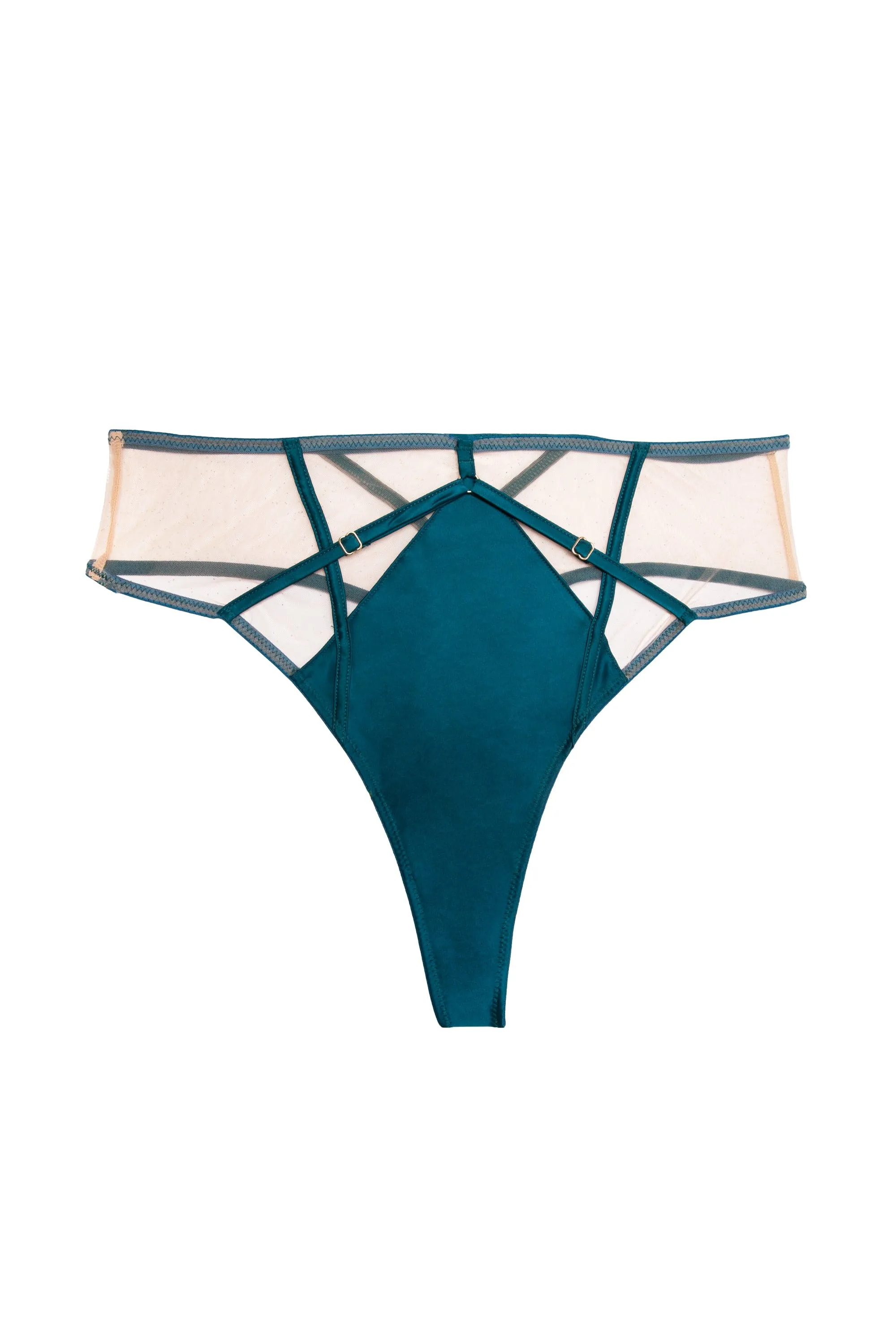 Ramona Teal Strap Detail Illusion Mesh High Waisted Thong