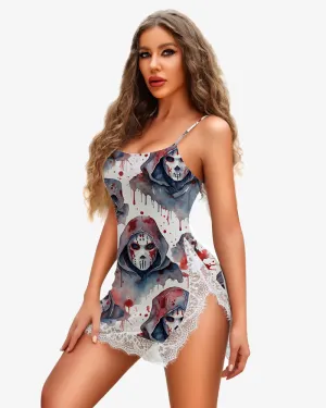 Red Skull Print Lace Side Slit Dress