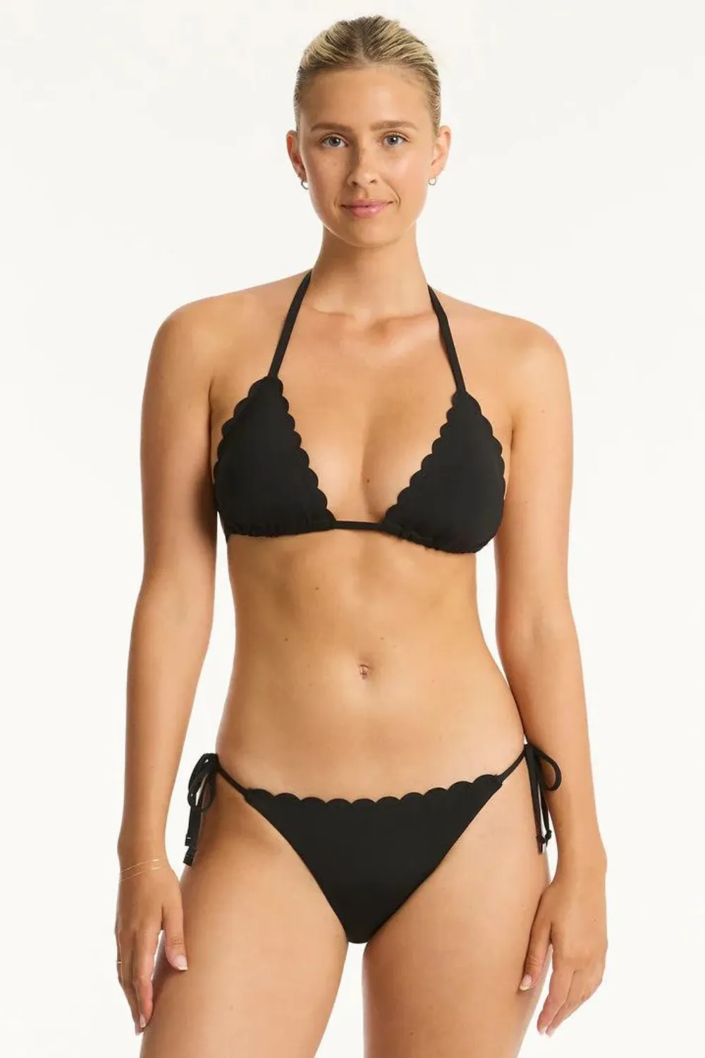 Scalloped Tie Side Bikini Bottom Black