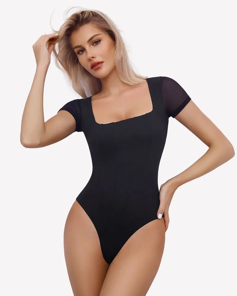 Square Neck Mesh Double Body Suit