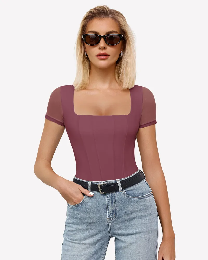 Square Neck Mesh Double Body Suit