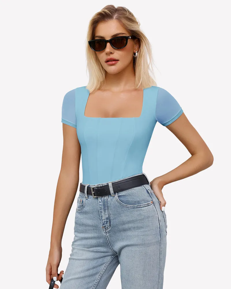 Square Neck Mesh Double Body Suit