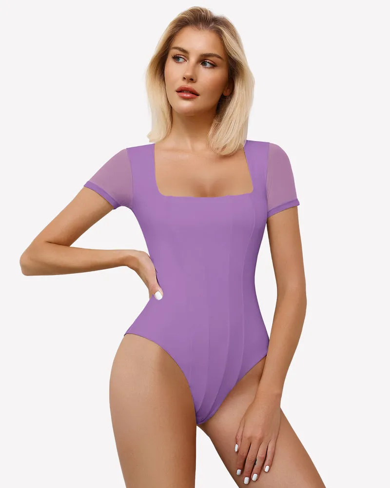 Square Neck Mesh Double Body Suit