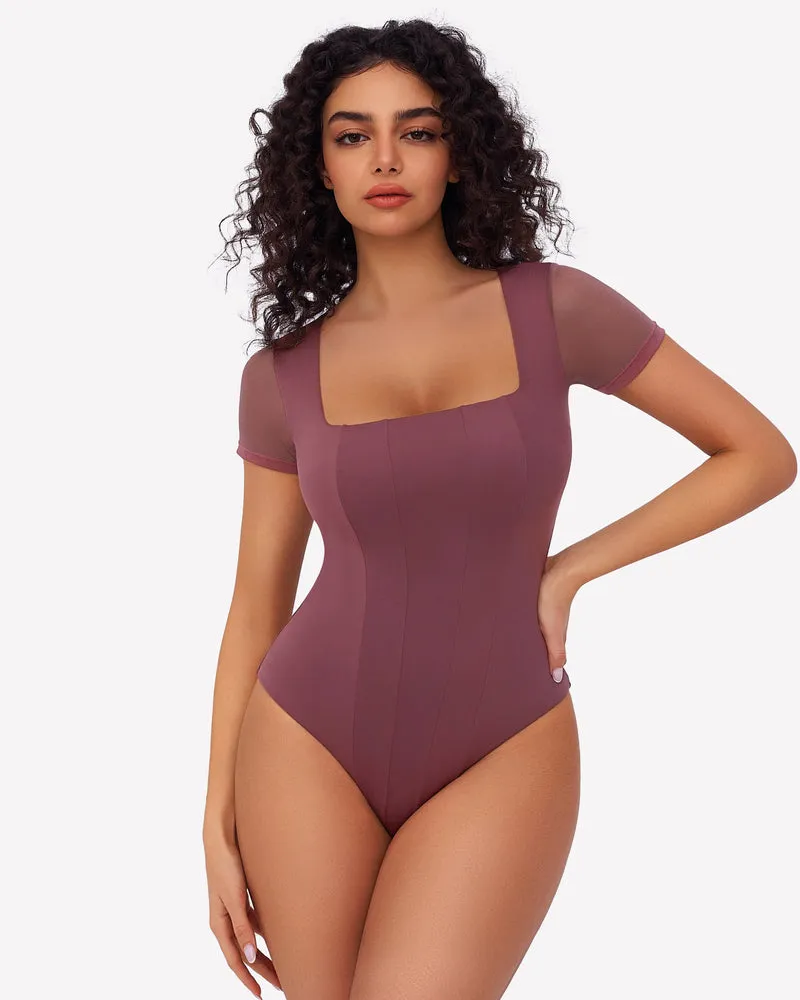 Square Neck Mesh Double Body Suit