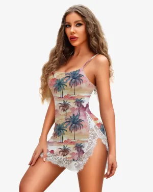 Sunset Palm Trees Lace Side Slit Dress