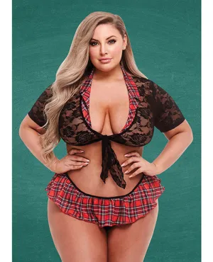 Teacher's Pet Schoolgirl Lace Top. Tie & Skirt Black/Red QN