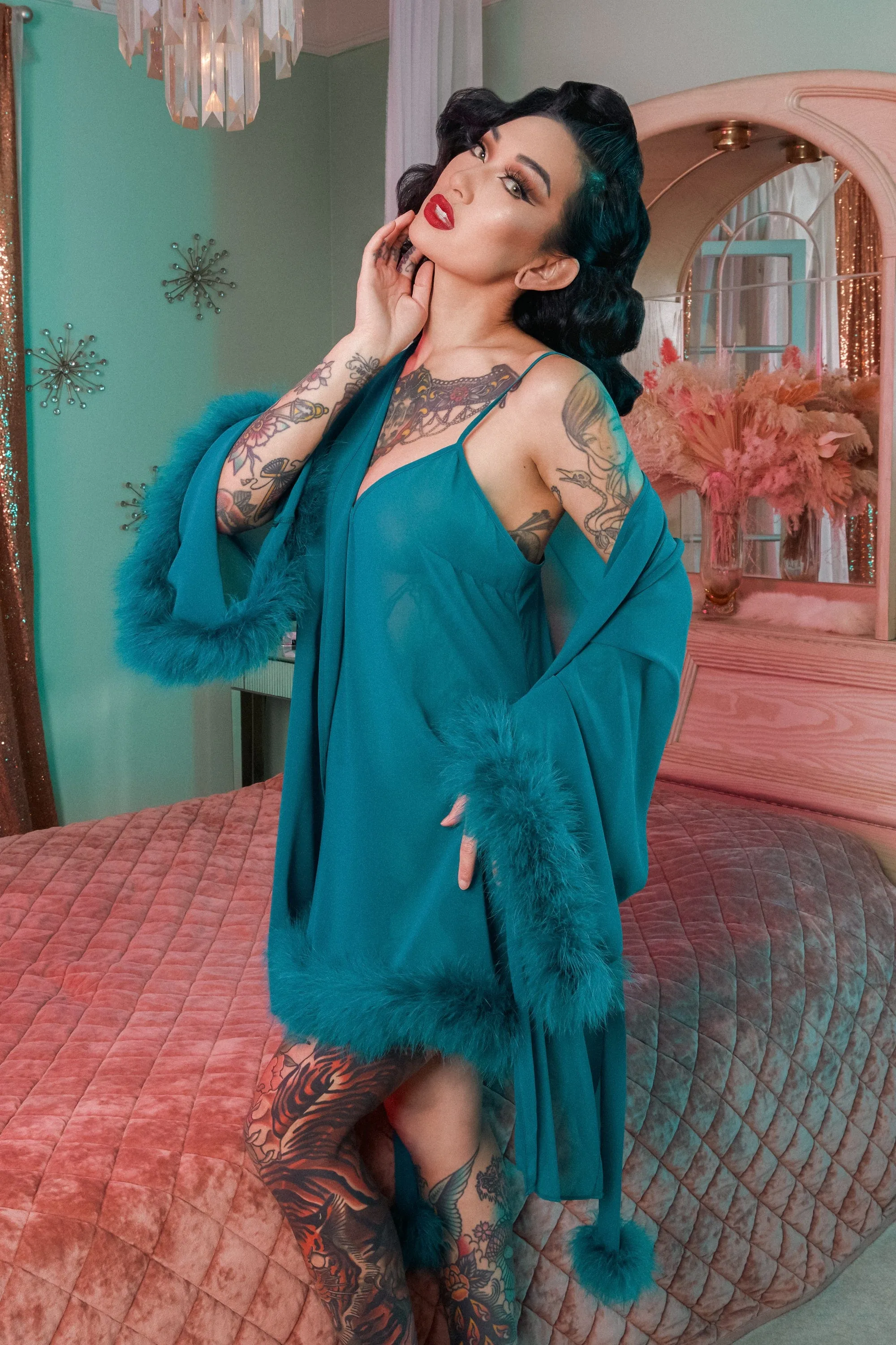 Teal Feather Trim Robe