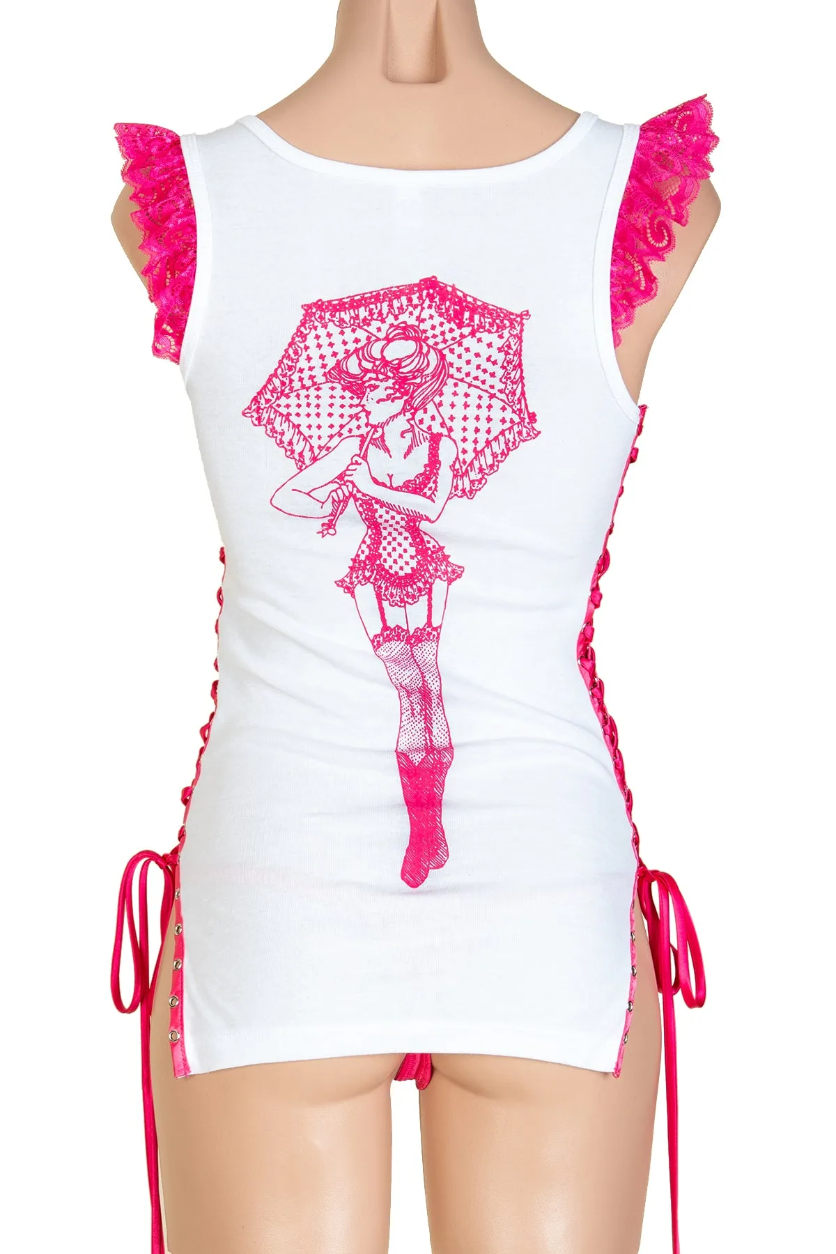 Trashy Lace-Up Ruffle Tank Top (Large Parasol Girl Print)