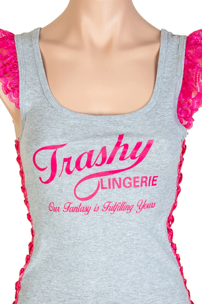Trashy Lace-Up Ruffle Tank Top (Large Parasol Girl Print)