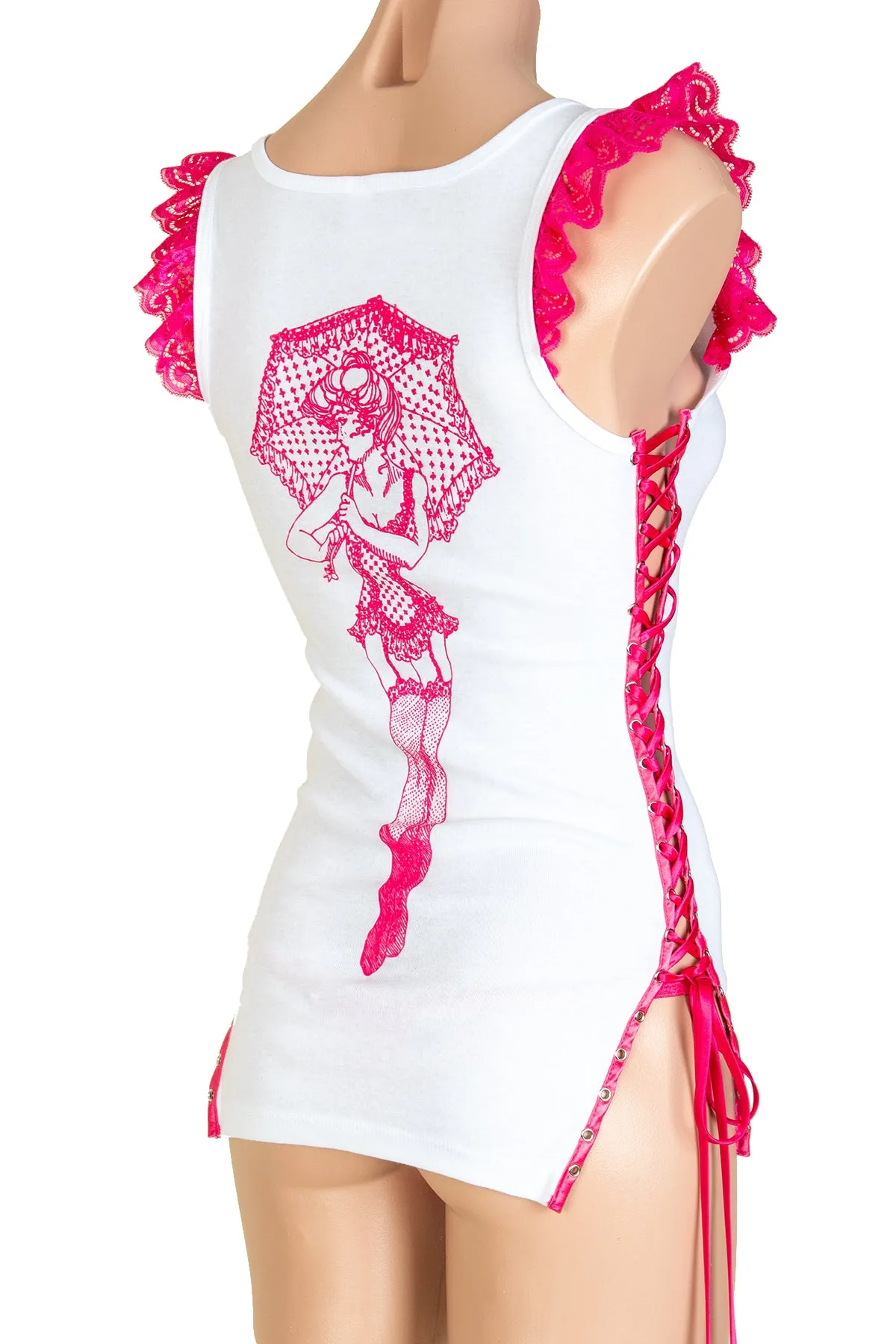 Trashy Lace-Up Ruffle Tank Top (Large Parasol Girl Print)