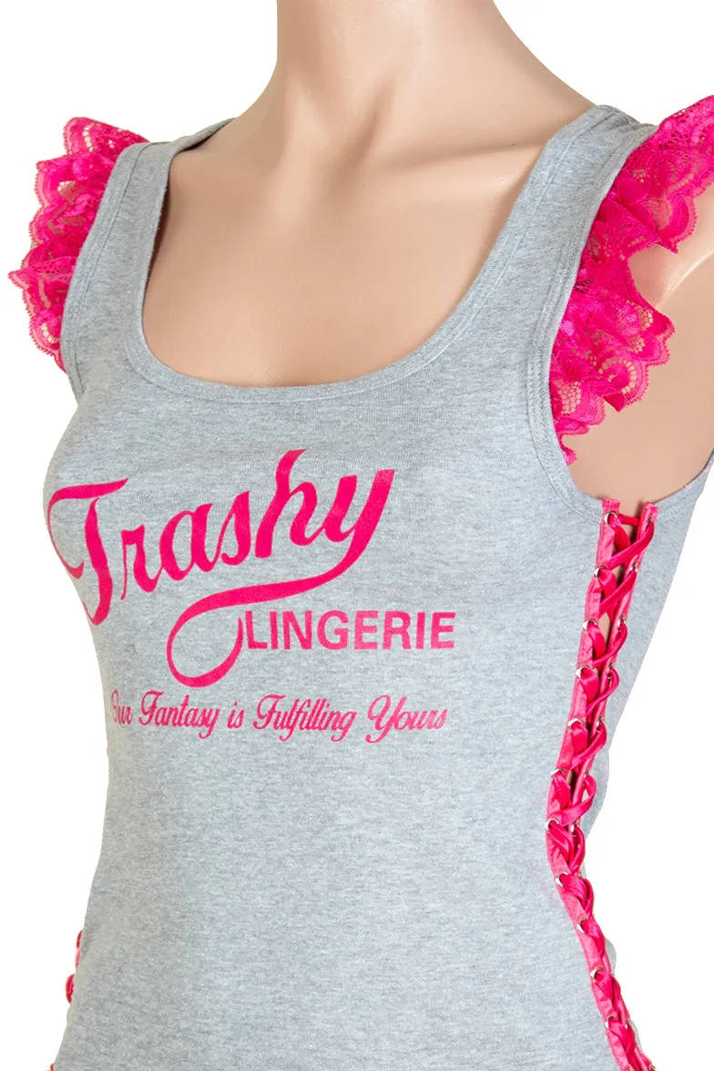 Trashy Lace-Up Ruffle Tank Top (Large Parasol Girl Print)